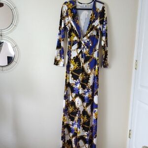 New York & Company Yellow Blue Long Sleeve Jumpsuit